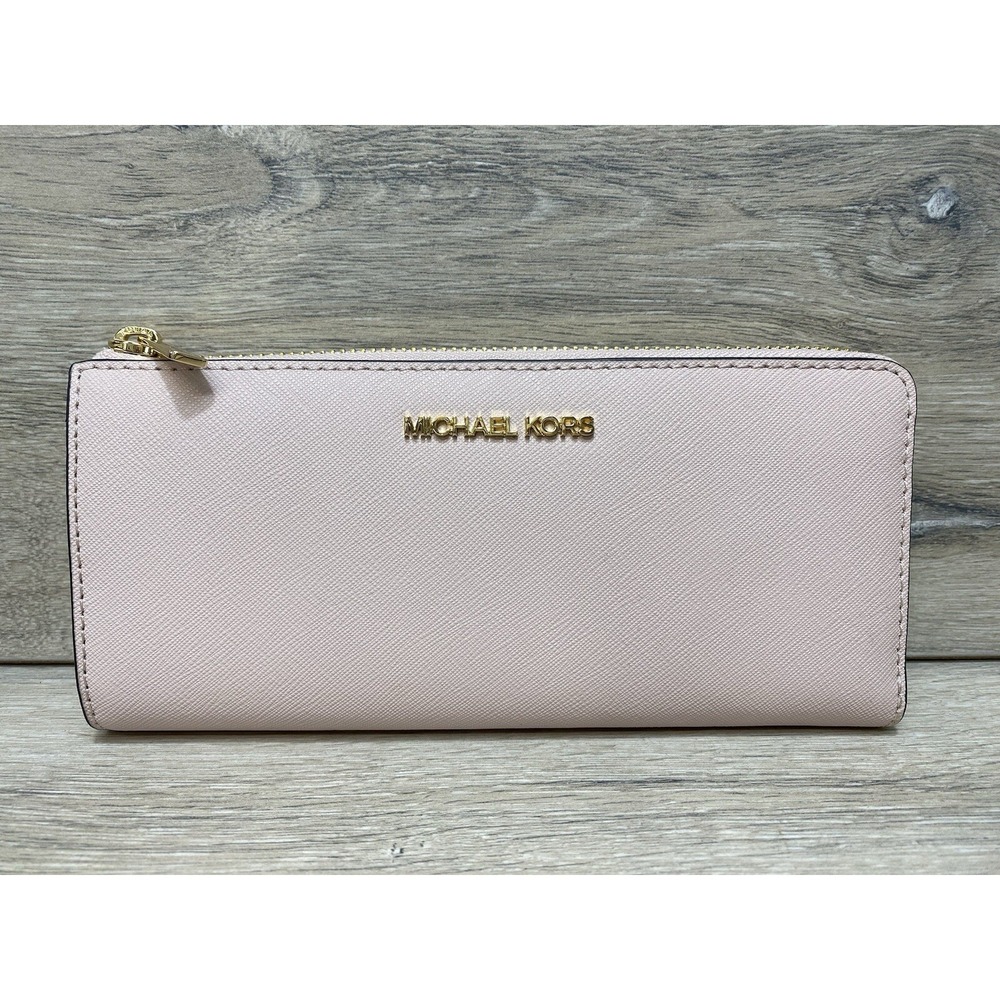 Michael Kors Jet Set Travel Powder Blush 3 QTR zipper Leather Wallet NWT